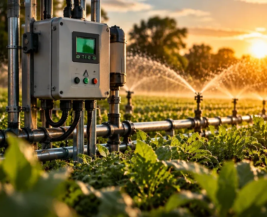 Quadro de comando elétrico de irrigação ao lado de aspersores em lavoura ao entardecer